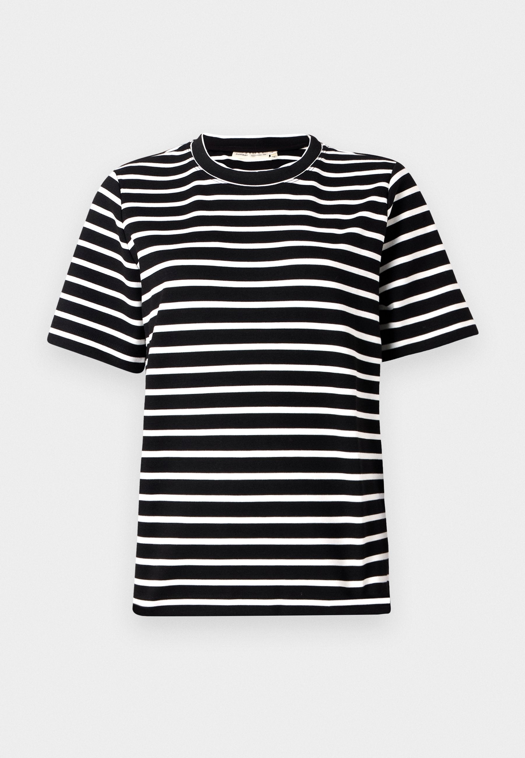 Schwarz-weißer gestreifter Kurzarm-T-Shirt mit Rundhalsausschnitt. Der Stoff erscheint glatt mit gleichmäßigen Streifen und einer lässigen Passform.