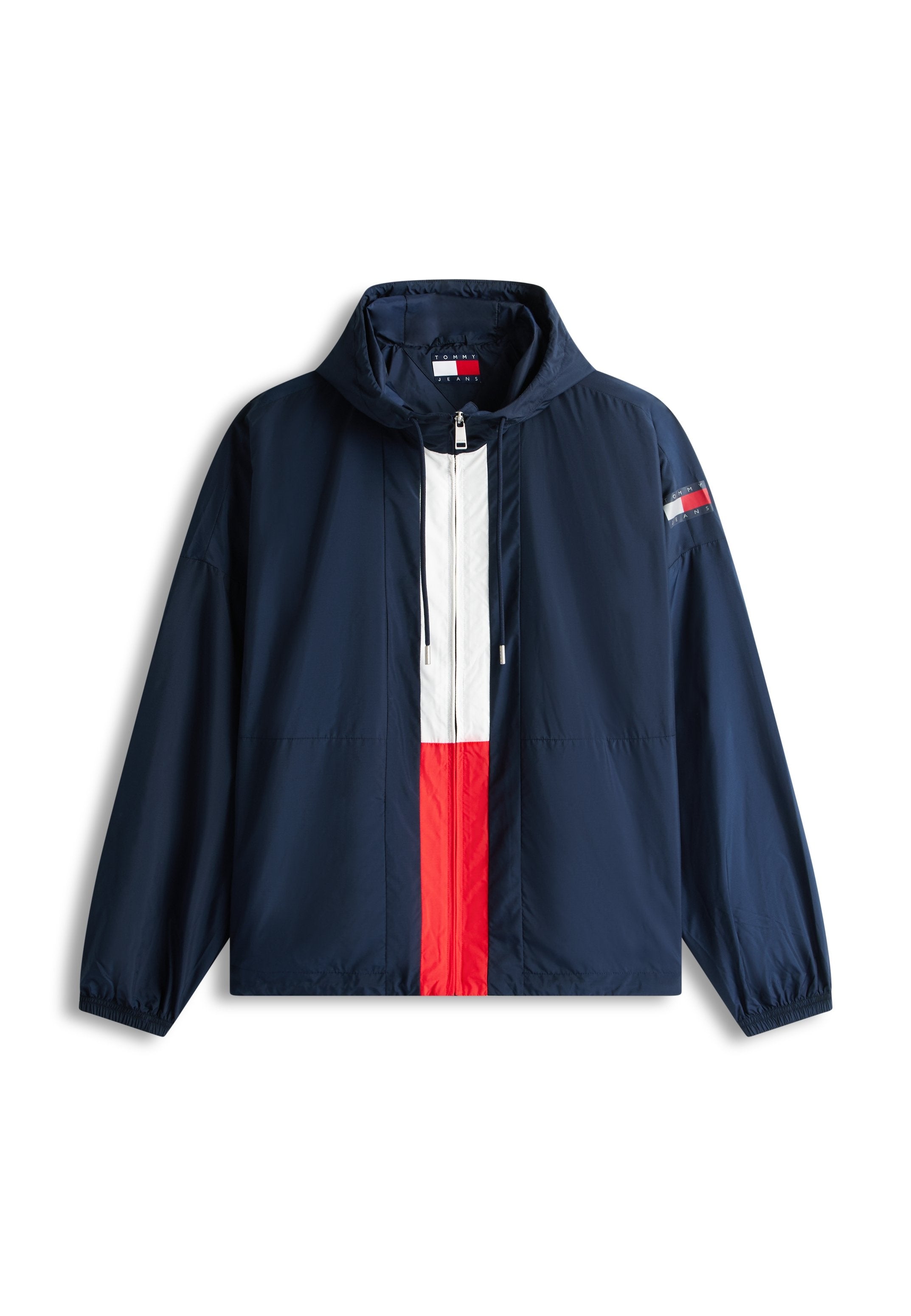 Marineblaue Kapuzenjacke mit weißen und roten vertikalen Streifen in der Mitte vorne, Reißverschluss und kleinem Flaggenlogo am linken Ärmel.