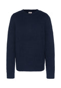 Marineblauer, gerippter Strickpullover mit langen Ärmeln und Rundhalsausschnitt; zeichnet sich durch eine strukturierte Oberfläche und eine gerade, lockere Passform aus.