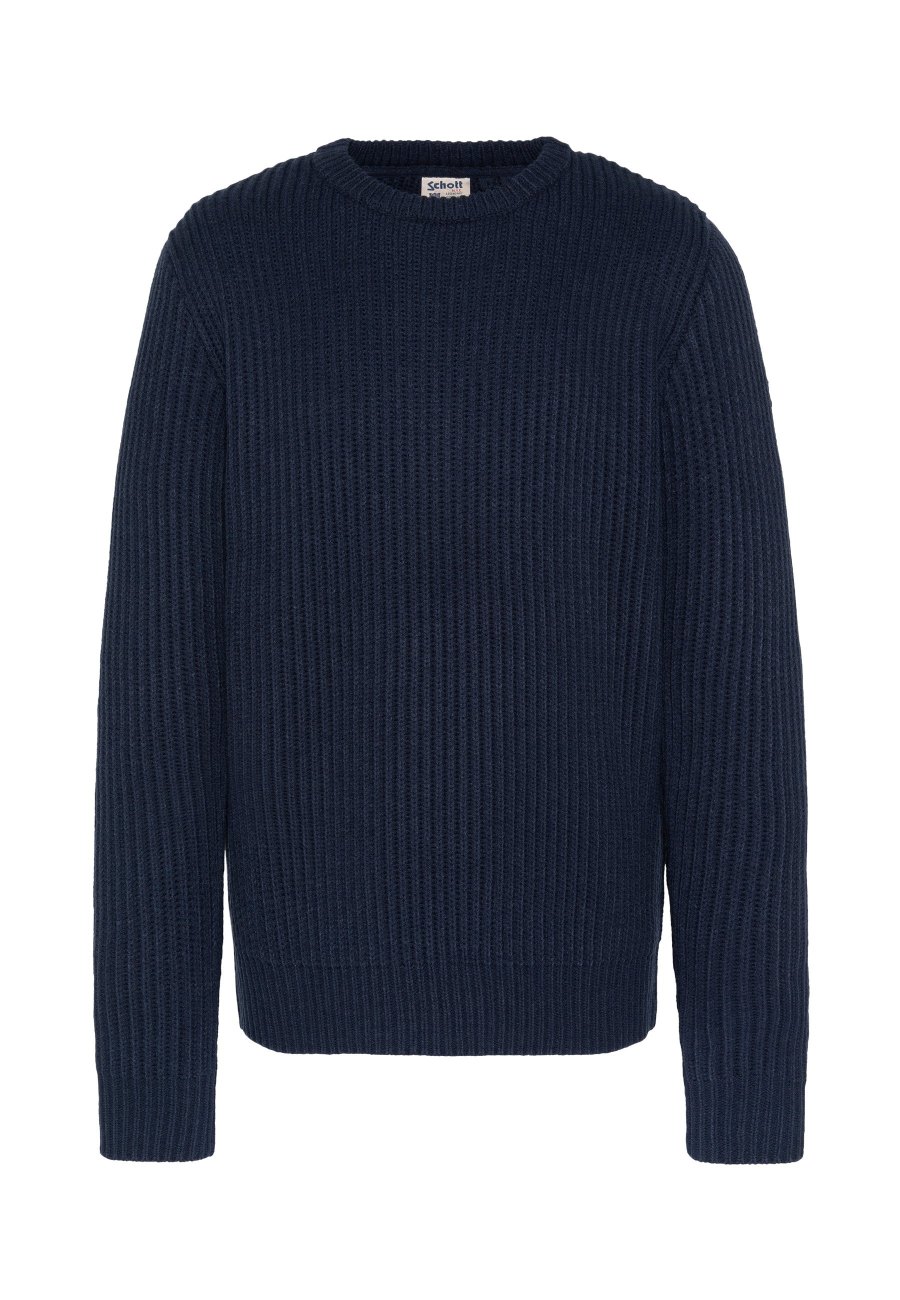 Marineblauer, gerippter Strickpullover mit langen Ärmeln und Rundhalsausschnitt; zeichnet sich durch eine strukturierte Oberfläche und eine gerade, lockere Passform aus.
