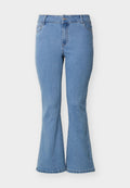Blaue High-Waist-Denim-Jeans mit Vorderknopf und Reißverschluss, fünf Taschen und ausgestellten Beinen vor weißem Hintergrund.