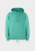 Mintgrüner Hoodie aus weichem Stoff mit lockerer Passform, weitem Ausschnitt, Kordelzügen und gerippten Bündchen.