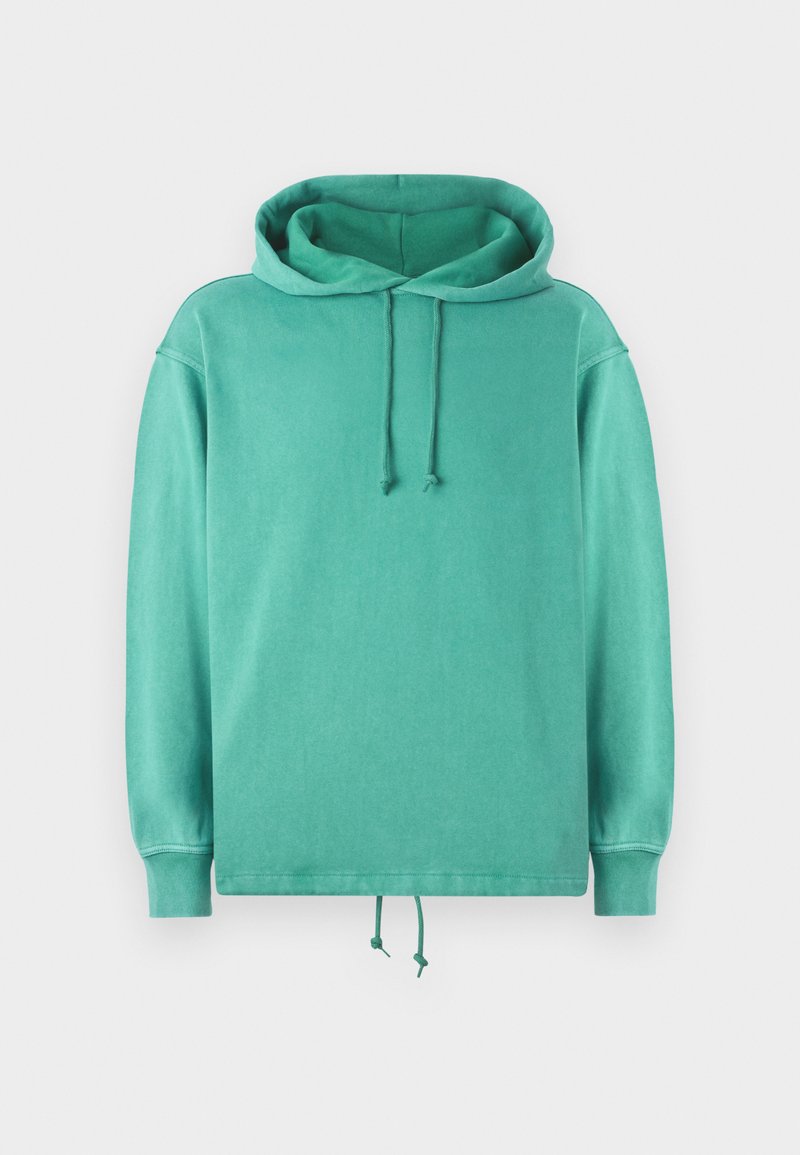Mintgrüner Hoodie aus weichem Stoff mit lockerer Passform, weitem Ausschnitt, Kordelzügen und gerippten Bündchen.