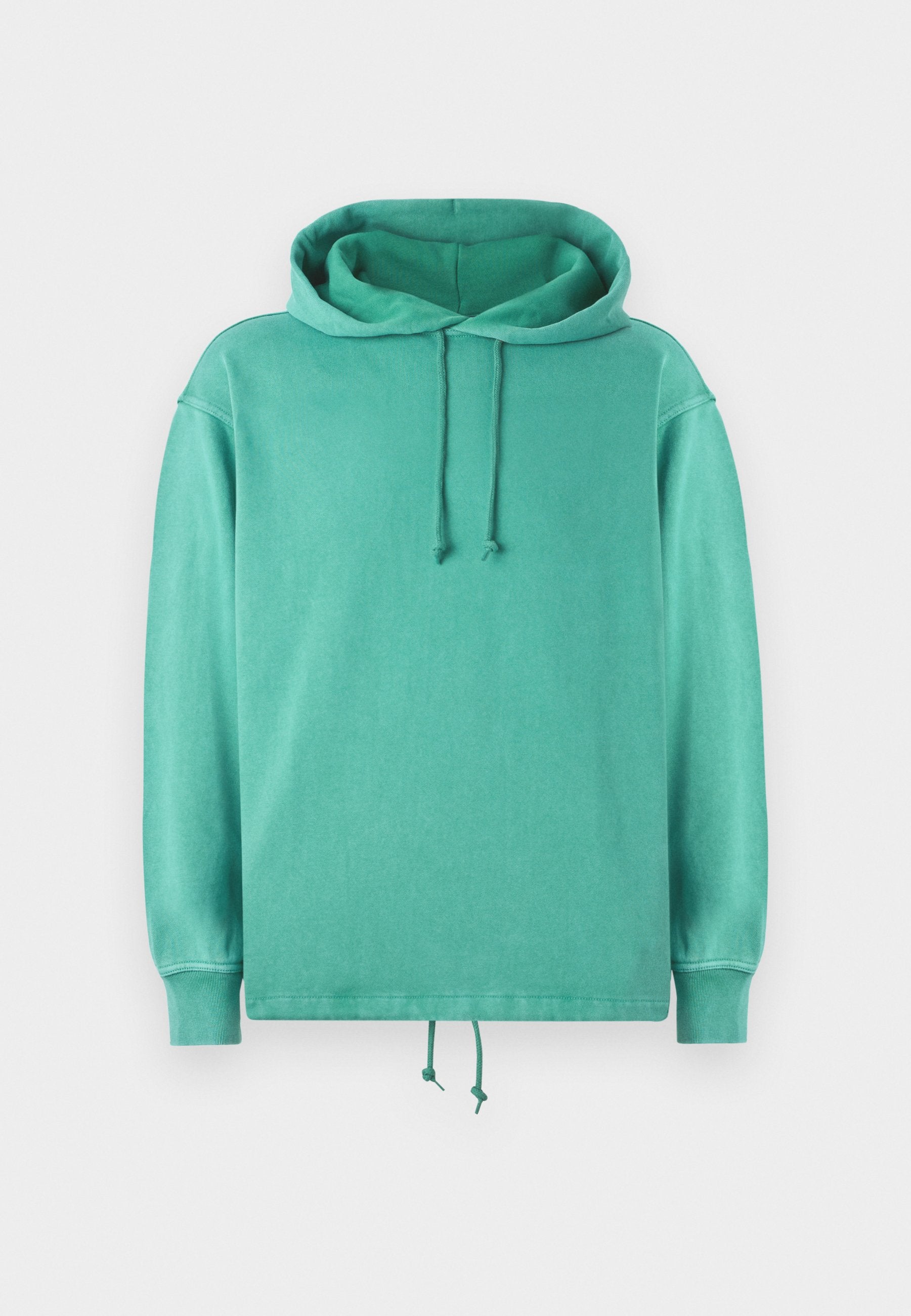 Mintgrüner Hoodie aus weichem Stoff mit lockerer Passform, weitem Ausschnitt, Kordelzügen und gerippten Bündchen.