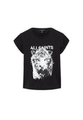 Schwarzes Baumwoll-T-Shirt mit aufgerollten Ärmeln. Enthält ein weißes Grafikdesign eines Tigerkopfes und den Text "ALLSAINTS" darüber.