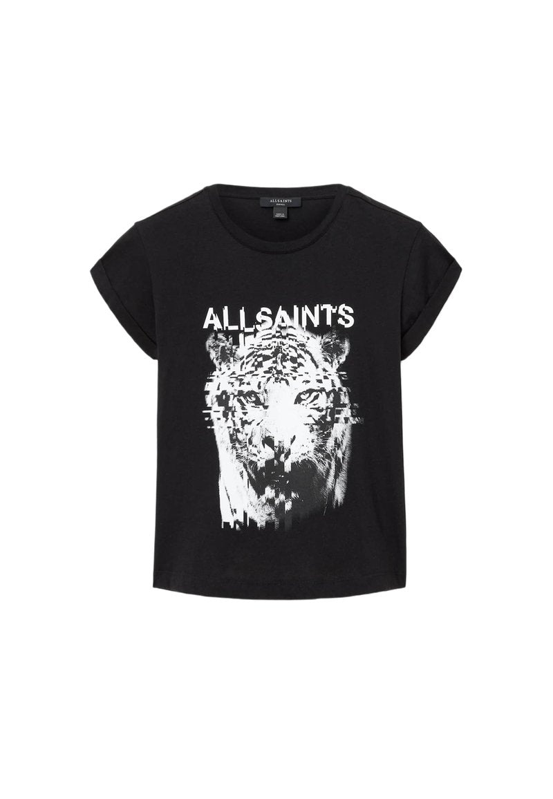 Schwarzes Baumwoll-T-Shirt mit aufgerollten Ärmeln. Enthält ein weißes Grafikdesign eines Tigerkopfes und den Text "ALLSAINTS" darüber.