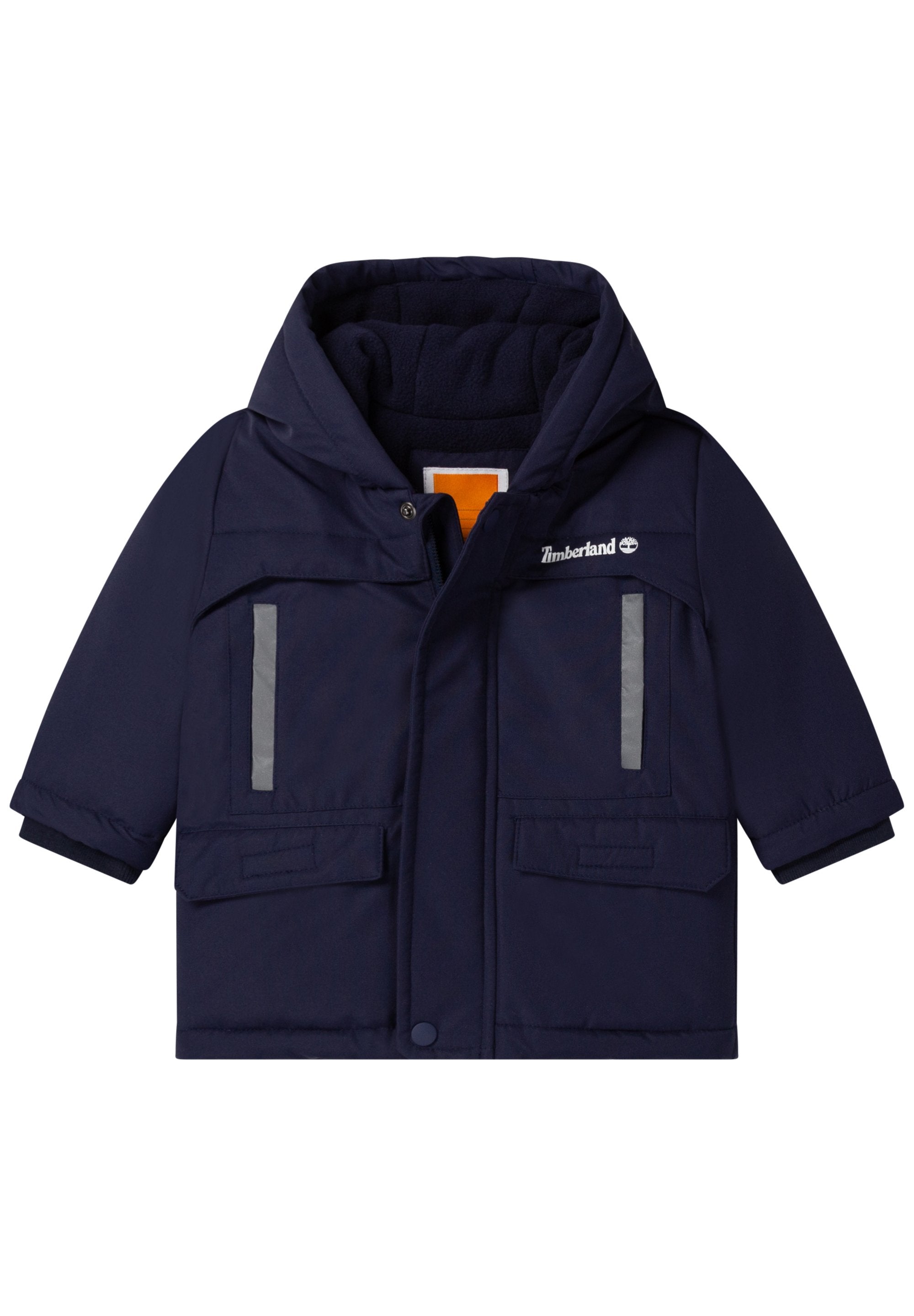 Dunkelblaue Kinder-Winterjacke mit Kapuze, Fronttaschen, reflektierenden Streifen und Timberland-Logo auf der Brust.