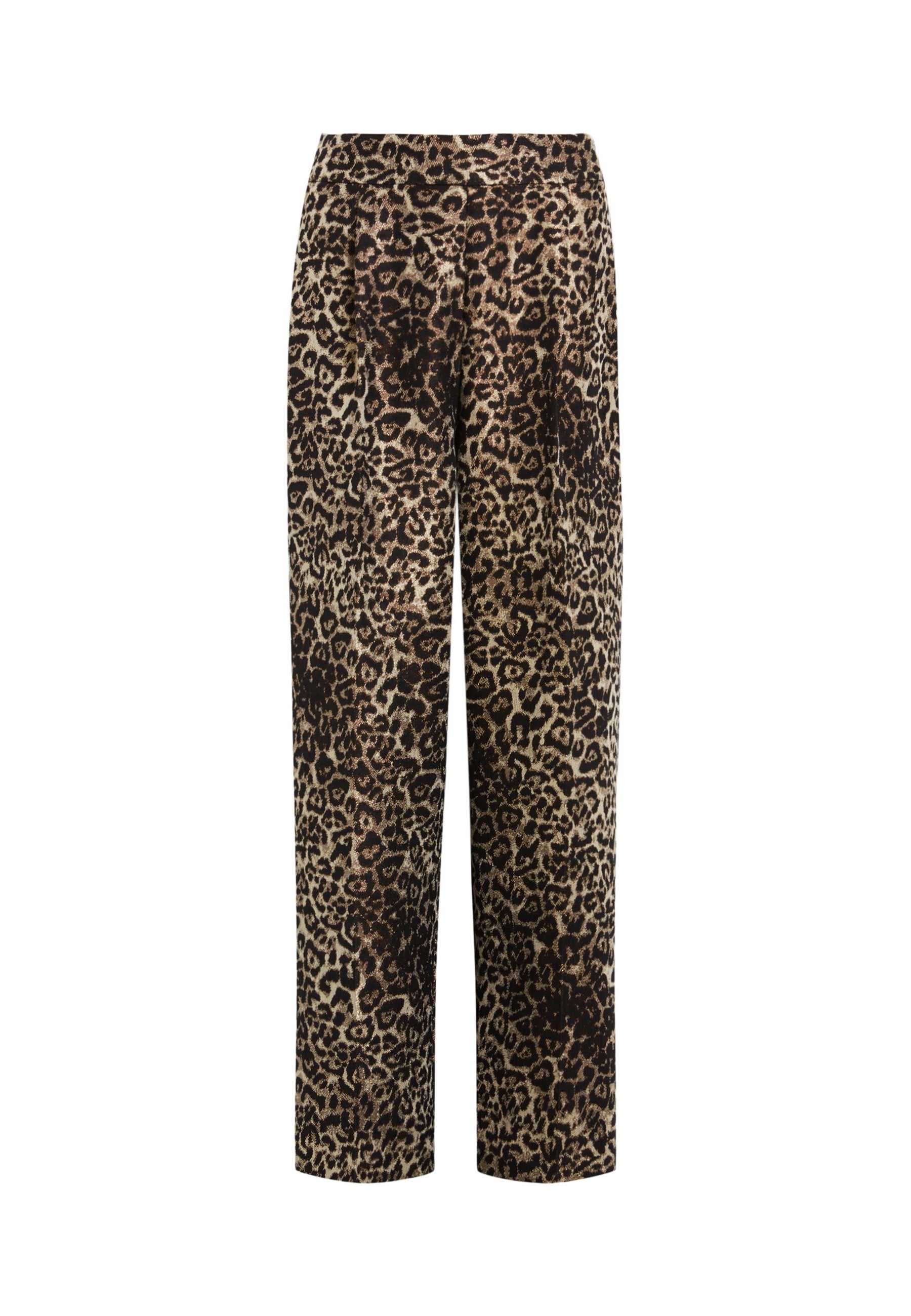 Leopardenmuster-Hosen mit lockerem Sitz, aus weichem Stoff gefertigt. Sie haben eine hohe Taille und gerade Beine, mit einem Mix aus braunen und schwarzen Tönen.
