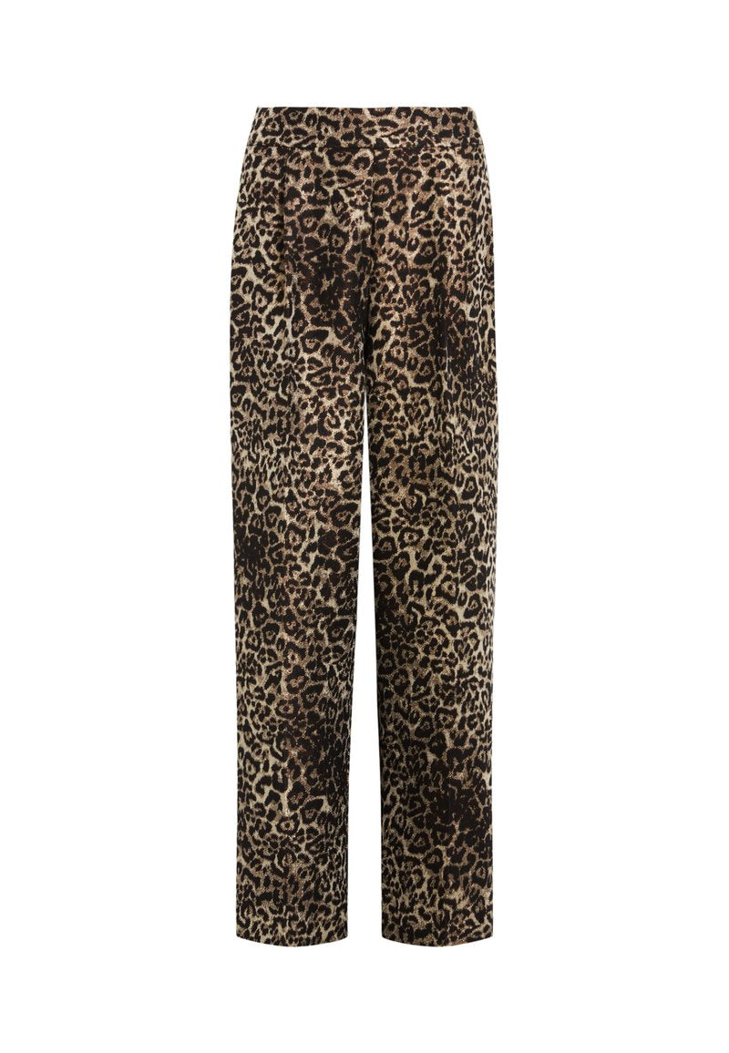 Leopardenmuster-Hosen mit lockerem Sitz, aus weichem Stoff gefertigt. Sie haben eine hohe Taille und gerade Beine, mit einem Mix aus braunen und schwarzen Tönen.