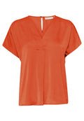 Kurzärmlige, orange Bluse mit V-Ausschnitt aus glattem Stoff, mit Knopfverschluss auf der Rückseite und einem dezenten Mittelnahtdetail.