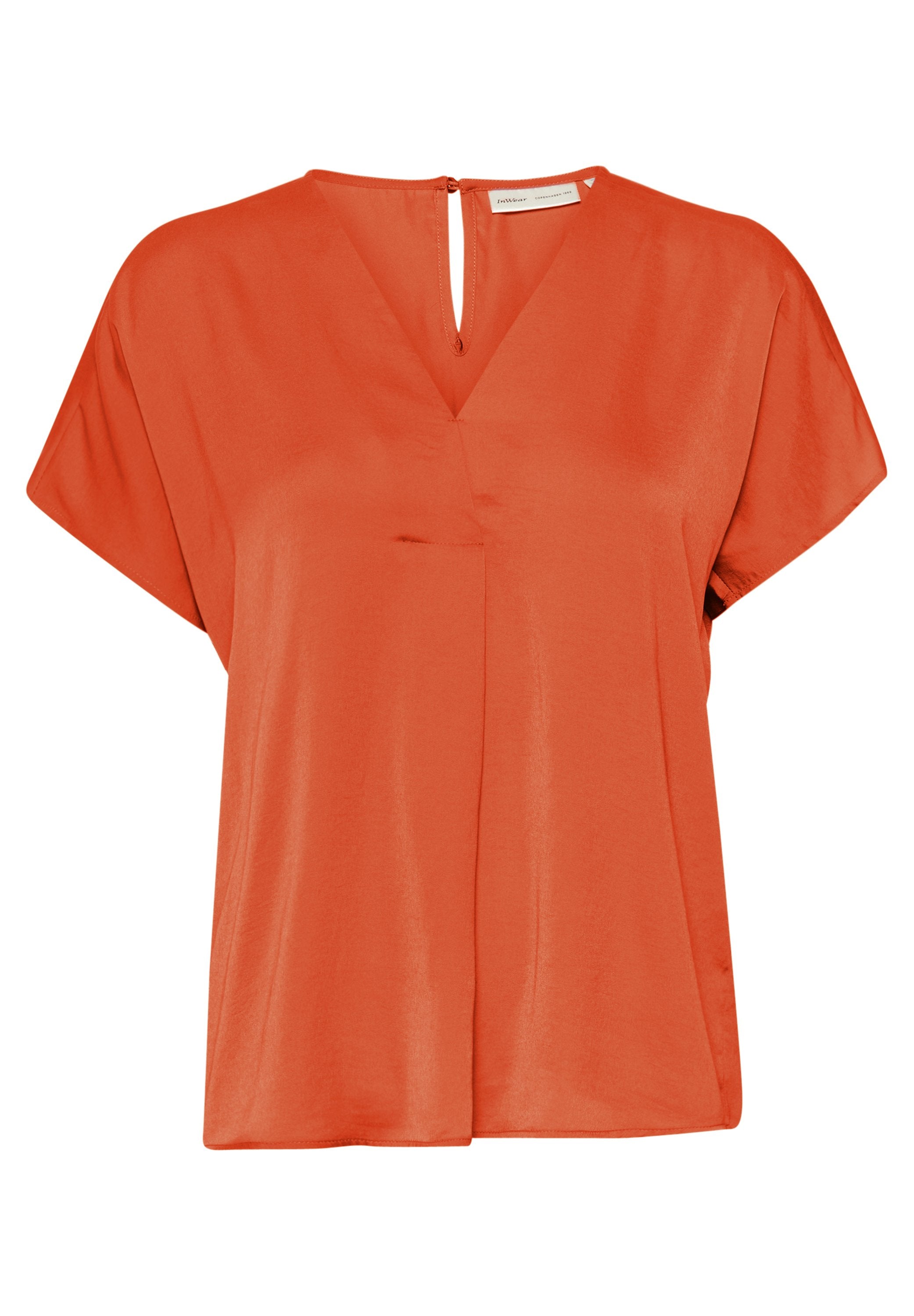 Kurzärmlige, orange Bluse mit V-Ausschnitt aus glattem Stoff, mit Knopfverschluss auf der Rückseite und einem dezenten Mittelnahtdetail.