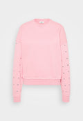 Rosa Sweatshirt mit Rundhalsausschnitt, cropped Design und langen Ärmeln, die mit silbernen Herzmotiven entlang der Ärmel versehen sind. Weiches Baumwollmaterial.