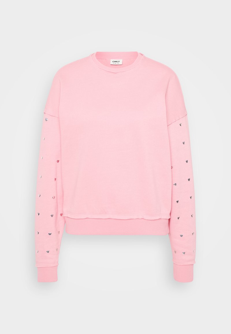 Rosa Sweatshirt mit Rundhalsausschnitt, cropped Design und langen Ärmeln, die mit silbernen Herzmotiven entlang der Ärmel versehen sind. Weiches Baumwollmaterial.