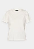 Weißes Baumwoll-T-Shirt mit kurzen Ärmeln, runder Ausschnitt und subtilen Logo-Details auf der Vorderseite. Weiche Textur, lässige Passform.
