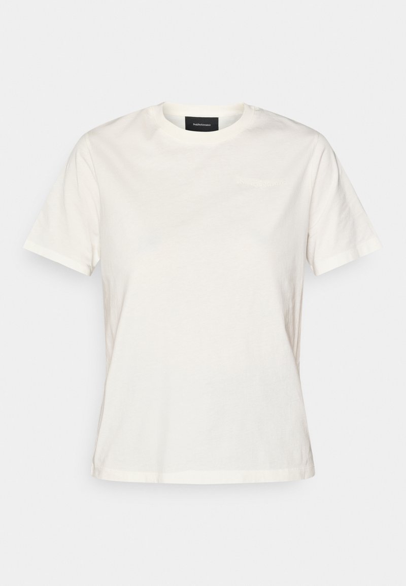 Weißes Baumwoll-T-Shirt mit kurzen Ärmeln, runder Ausschnitt und subtilen Logo-Details auf der Vorderseite. Weiche Textur, lässige Passform.