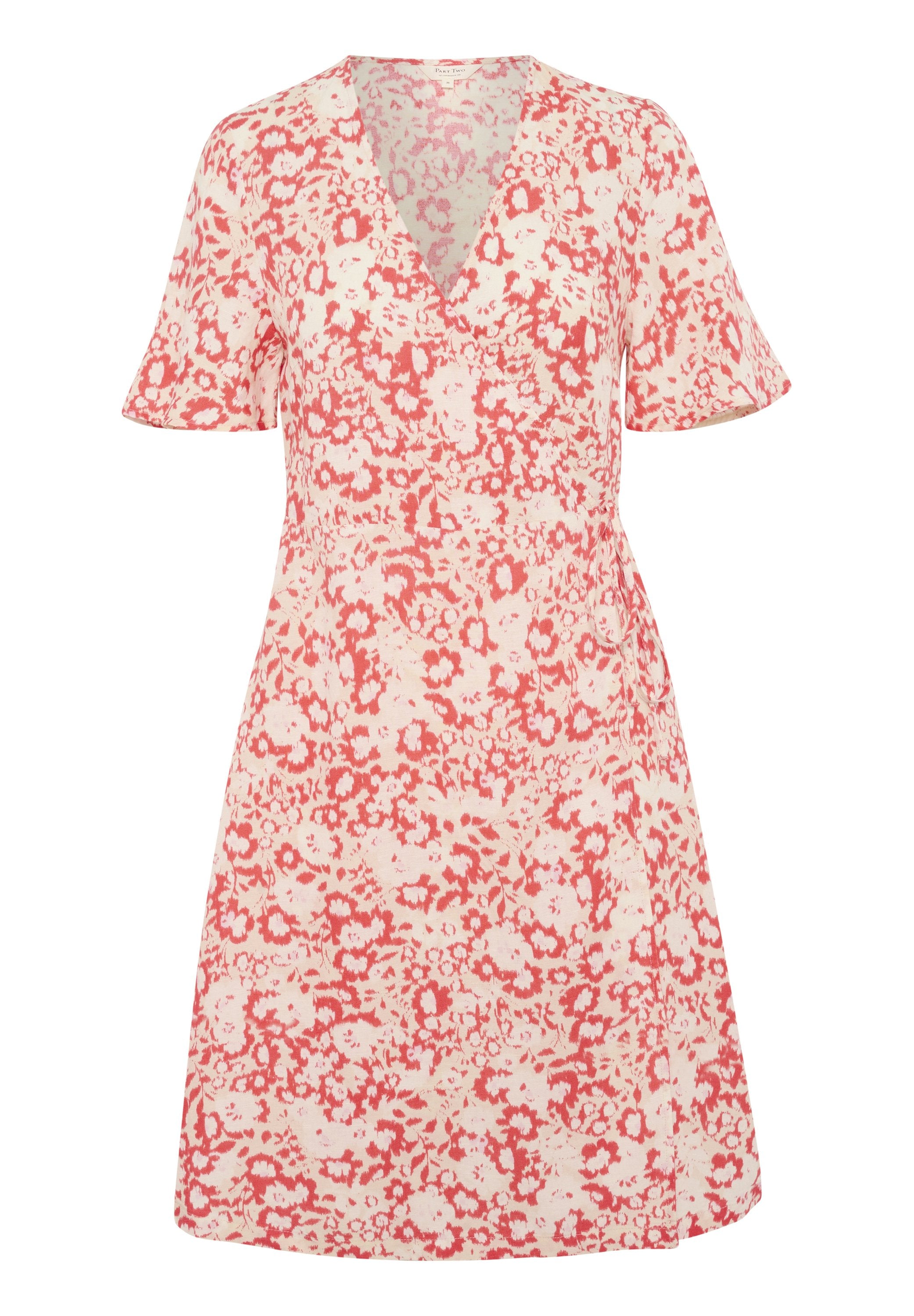 Blumendruckkleid mit V-Ausschnitt, kurzen Ärmeln und fließender Form, aus leichtem Stoff in Korallen- und Cremetönen.