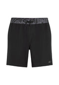 Schwarze Badeshorts aus glattem Stoff mit einem elastischen Bund, einem gemusterten grauen Kordelzug und einem Logodetail am Unterschenkel.