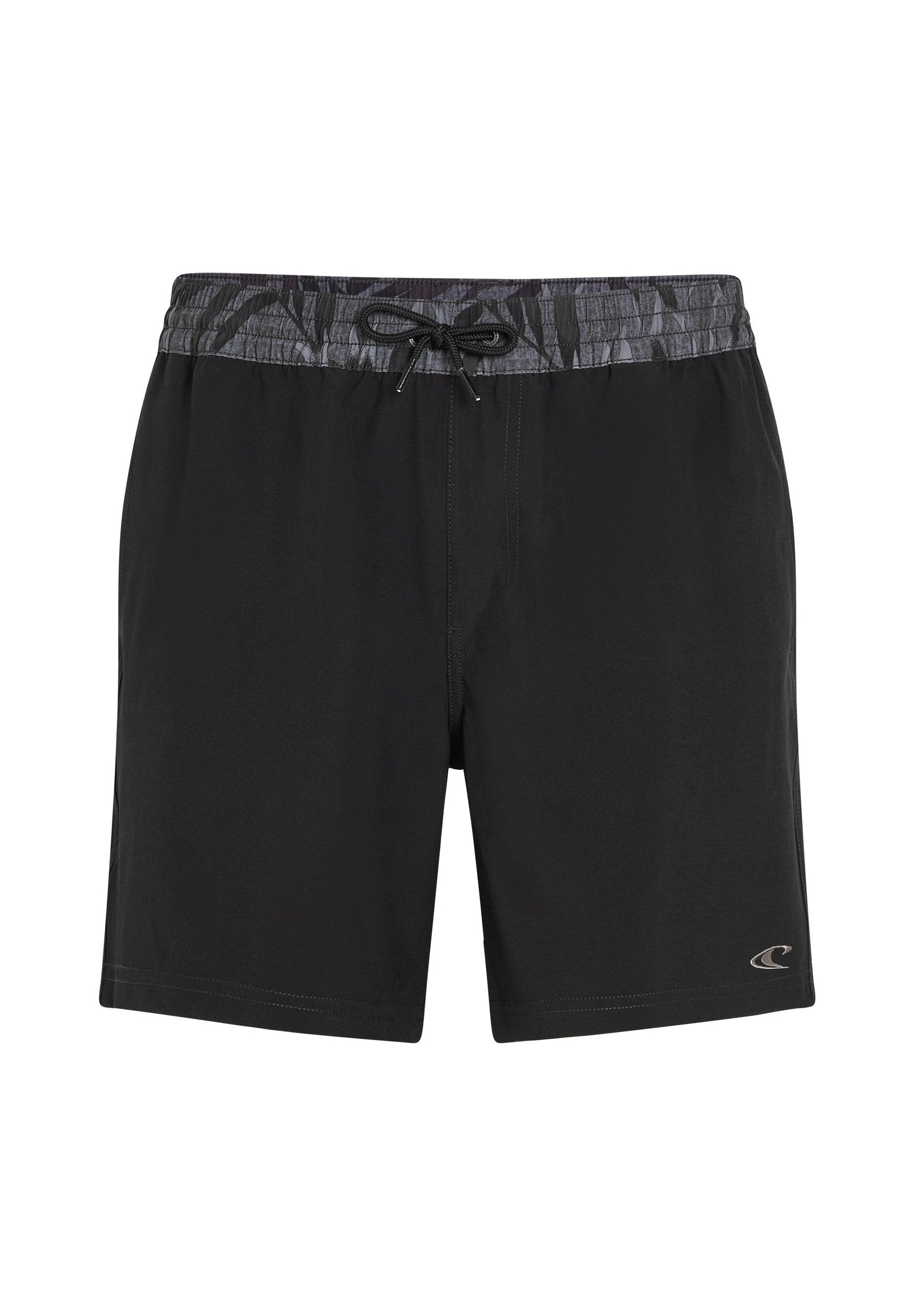 Schwarze Badeshorts aus glattem Stoff mit einem elastischen Bund, einem gemusterten grauen Kordelzug und einem Logodetail am Unterschenkel.