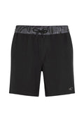 Schwarze Badeshorts aus glattem Stoff mit einem elastischen Bund, einem gemusterten grauen Kordelzug und einem Logodetail am Unterschenkel.