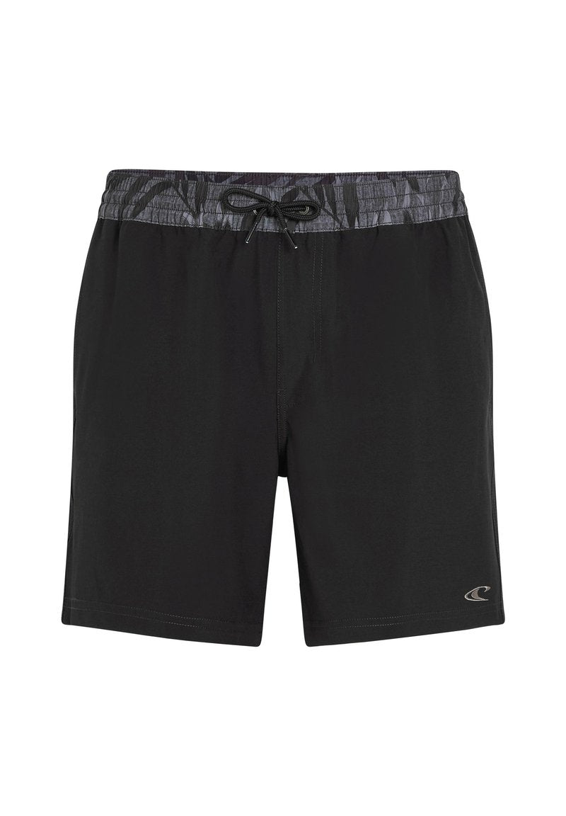 Schwarze Badeshorts aus glattem Stoff mit einem elastischen Bund, einem gemusterten grauen Kordelzug und einem Logodetail am Unterschenkel.