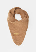 Beige geripptes Dreieckstuch aus Strick mit gefaltetem Schlaufen-Design und einem kleinen rechteckigen Etikett mit der Aufschrift "PINKO" auf der Vorderseite.