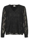 Schwarze Bluse mit V-Ausschnitt, durchsichtigen langen Ärmeln und floraler Stickerei. Weicher, strukturierter Stoff mit gepufften Ärmeln an den Manschetten.