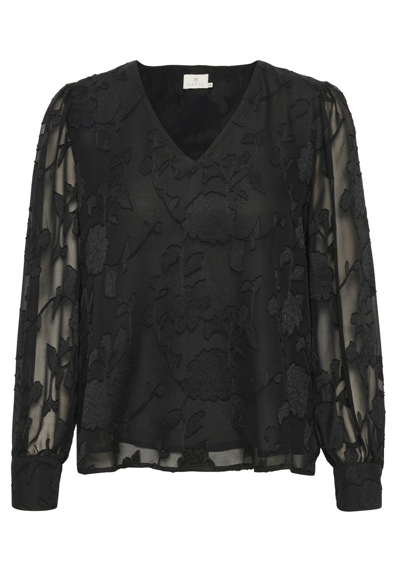 Schwarze Bluse mit V-Ausschnitt, durchsichtigen langen Ärmeln und floraler Stickerei. Weicher, strukturierter Stoff mit gepufften Ärmeln an den Manschetten.