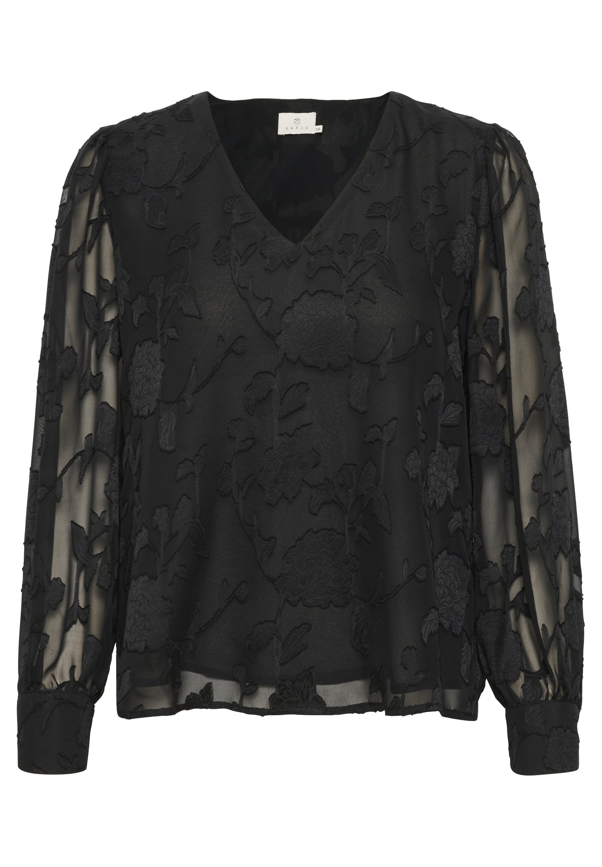 Schwarze Bluse mit V-Ausschnitt, durchsichtigen langen Ärmeln und floraler Stickerei. Weicher, strukturierter Stoff mit gepufften Ärmeln an den Manschetten.