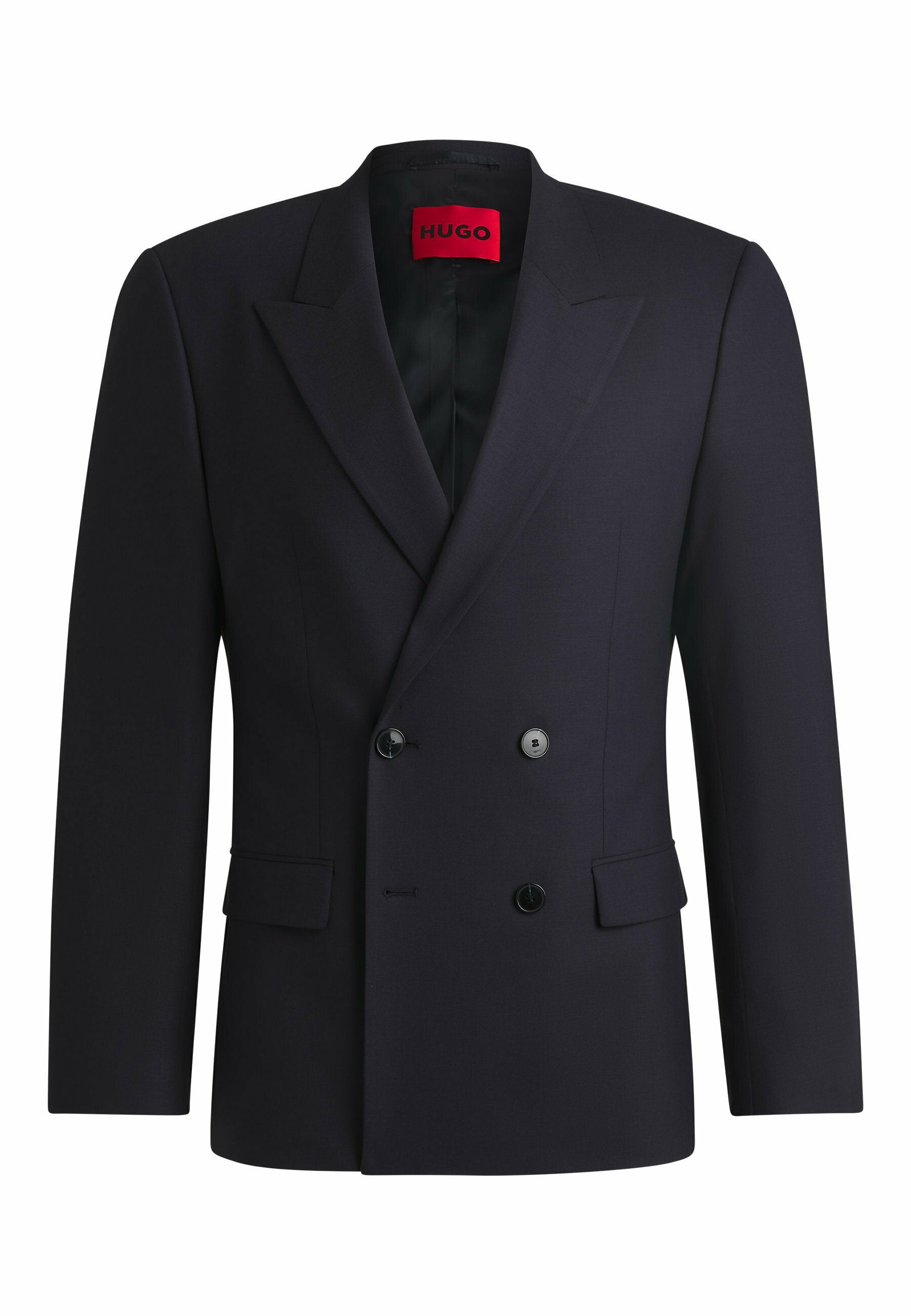 Marineblaues Doppelreiher-Blazer mit spitzen Revers, schwarzen Knöpfen und seitlichen Taschen. Der gefütterte Innenraum verfügt über ein sichtbares Markenetikett. Taillierte Passform.
