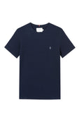 Navyblaue Baumwoll-T-Shirt, kurze Ärmel, Rundhalsausschnitt, mit einem gestickten "II"-Logo auf der linken Brust. Glatte Textur, klassisches Design.