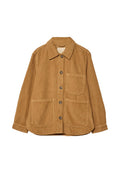 Cordjacke in warmem Braun, mit spitzem Kragen, vorderem Knopfverschluss, zwei großen Taschen und geripptem Material.