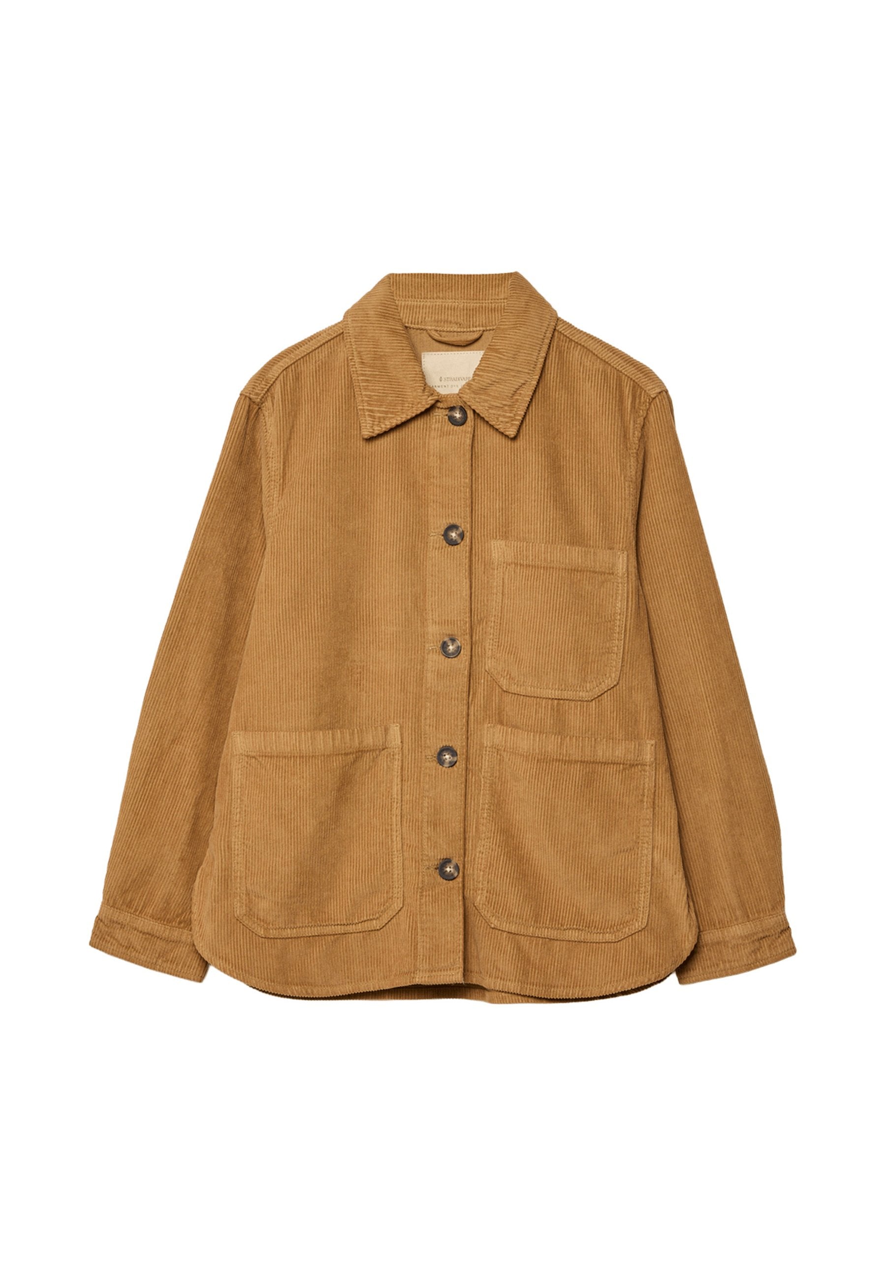 Cordjacke in warmem Braun, mit spitzem Kragen, vorderem Knopfverschluss, zwei großen Taschen und geripptem Material.