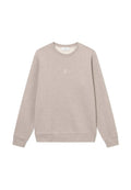 Helle beigetönige Sweatshirt aus weichem Stoff, mit Rundhalsausschnitt, langen Ärmeln und einem kleinen gestickten Design auf der Brust.