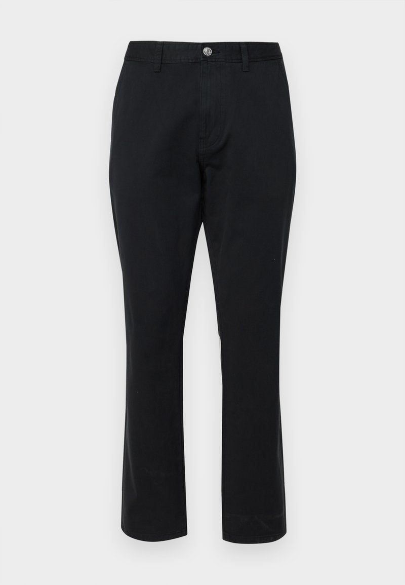 Schwarze Baumwollhosen mit geradem Schnitt. Mit einem Knopfverschluss und seitlichen Taschen. Glatte Textur ohne sichtbare Muster.