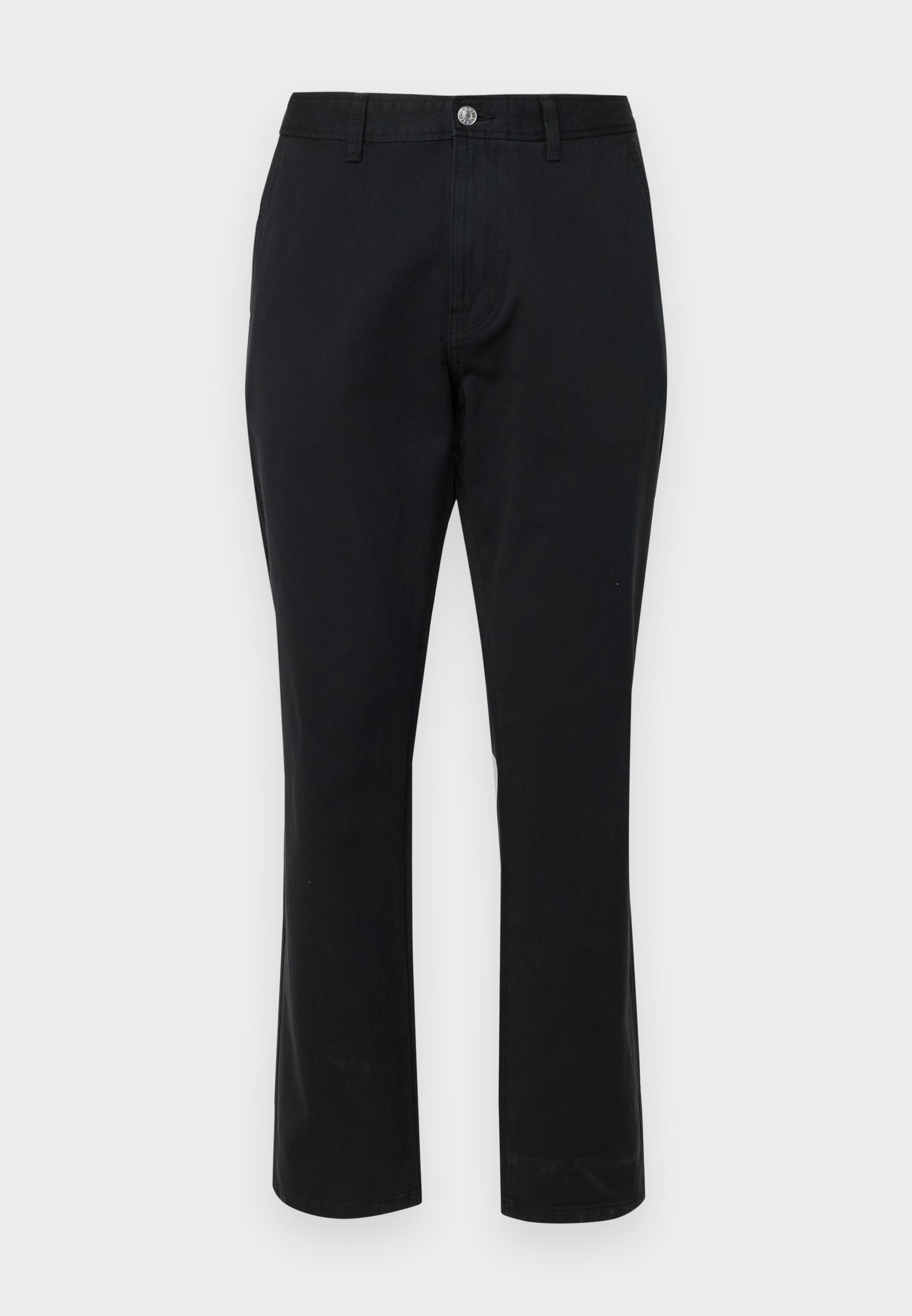 Schwarze Baumwollhosen mit geradem Schnitt. Mit einem Knopfverschluss und seitlichen Taschen. Glatte Textur ohne sichtbare Muster.