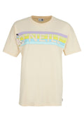 Helle Baumwoll-T-Shirt in Cremefarbe mit kurzen Ärmeln, das ein Retro-O'Neill-Logo in pastellfarben und eine Surf-Grafik auf der Vorderseite zeigt.