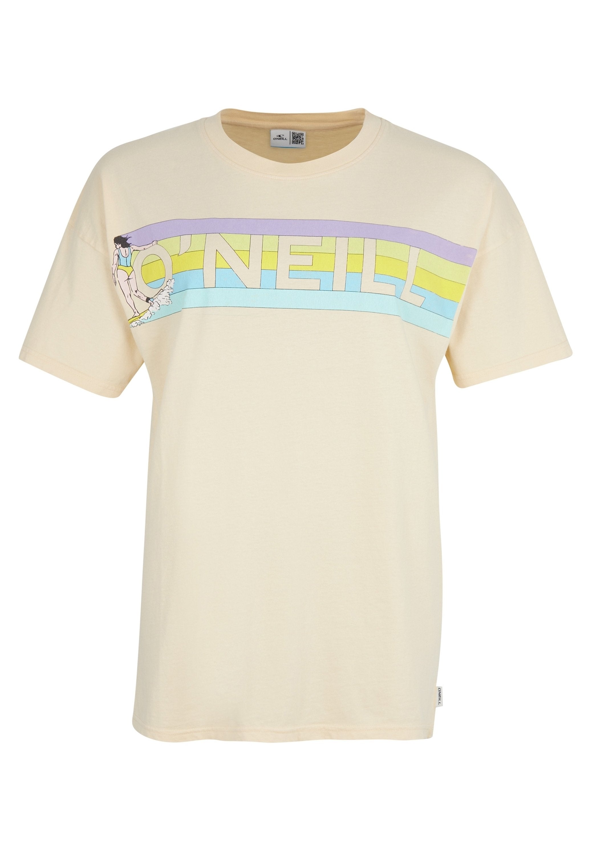 Helle Baumwoll-T-Shirt in Cremefarbe mit kurzen Ärmeln, das ein Retro-O'Neill-Logo in pastellfarben und eine Surf-Grafik auf der Vorderseite zeigt.