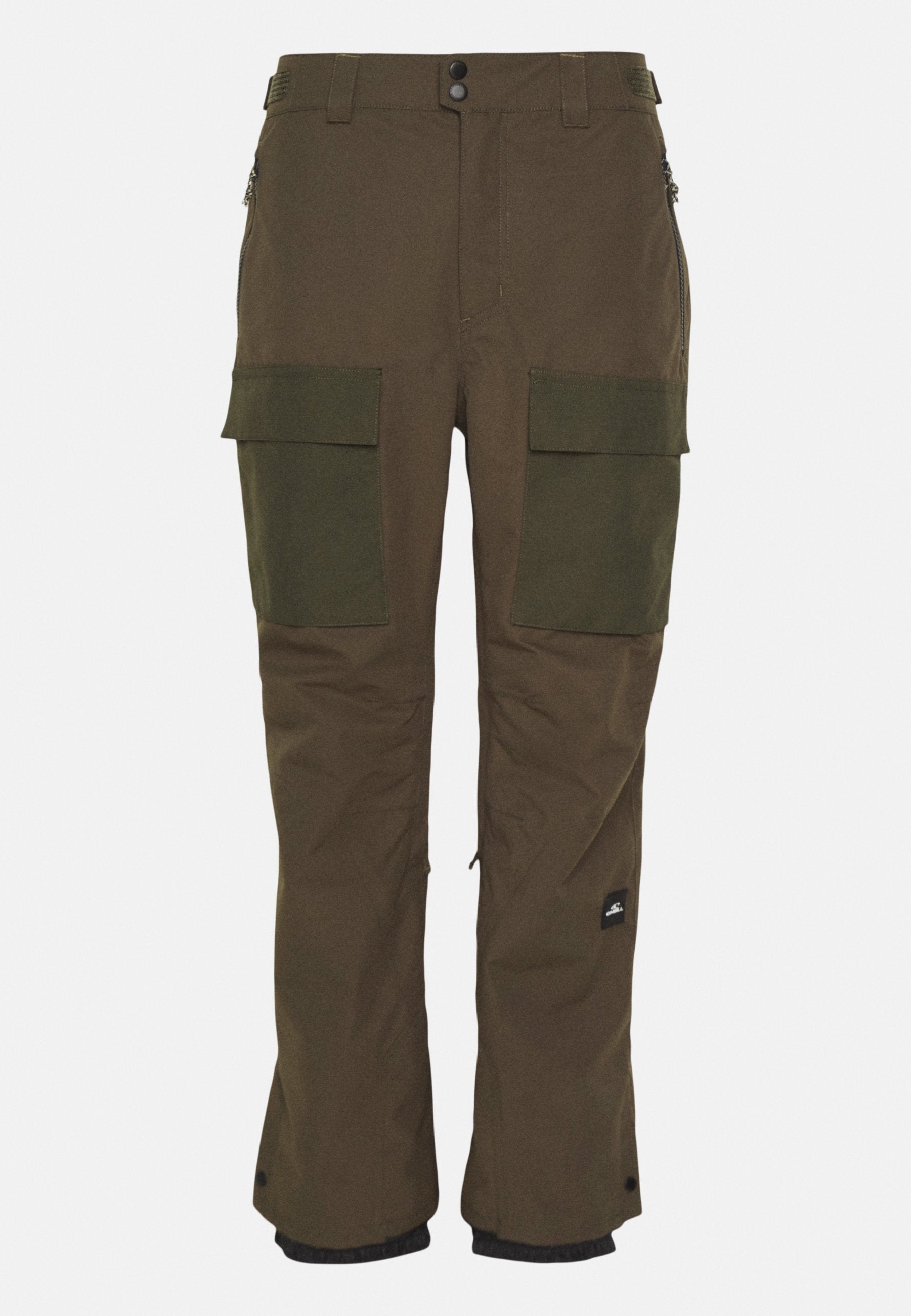 Braune Cargo-Hosen mit zwei großen Vordertaschen, verstellbaren Bündchen und Reißverschlusstaschen an den Seiten. Hergestellt aus strapazierfähigem Stoff mit einer glatten Textur.