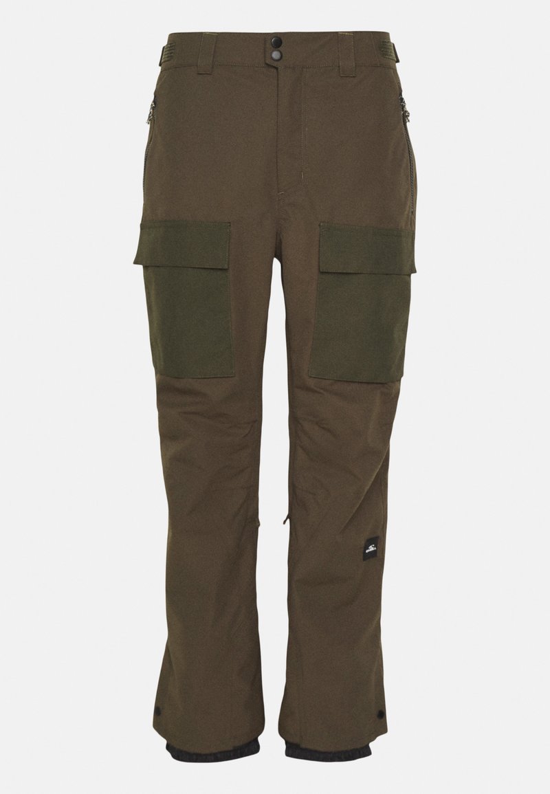 Braune Cargo-Hosen mit zwei großen Vordertaschen, verstellbaren Bündchen und Reißverschlusstaschen an den Seiten. Hergestellt aus strapazierfähigem Stoff mit einer glatten Textur.