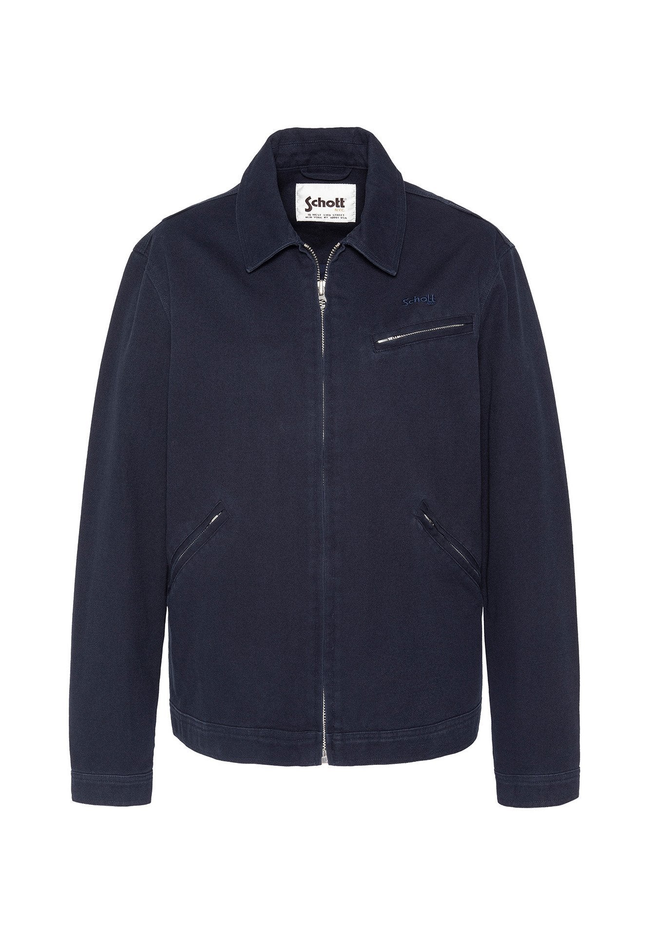 Marineblaue Freizeitjacke mit Frontreißverschluss, drei Reißverschlusstaschen, Kragen und dezentem Markenlogo auf der Brust.
