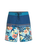 Badeshorts in Blau mit einem floralen Muster in Pink, Orange und Grün. Mit einem Kordelzugbund und einem kleinen Logo-Detail am Bein.