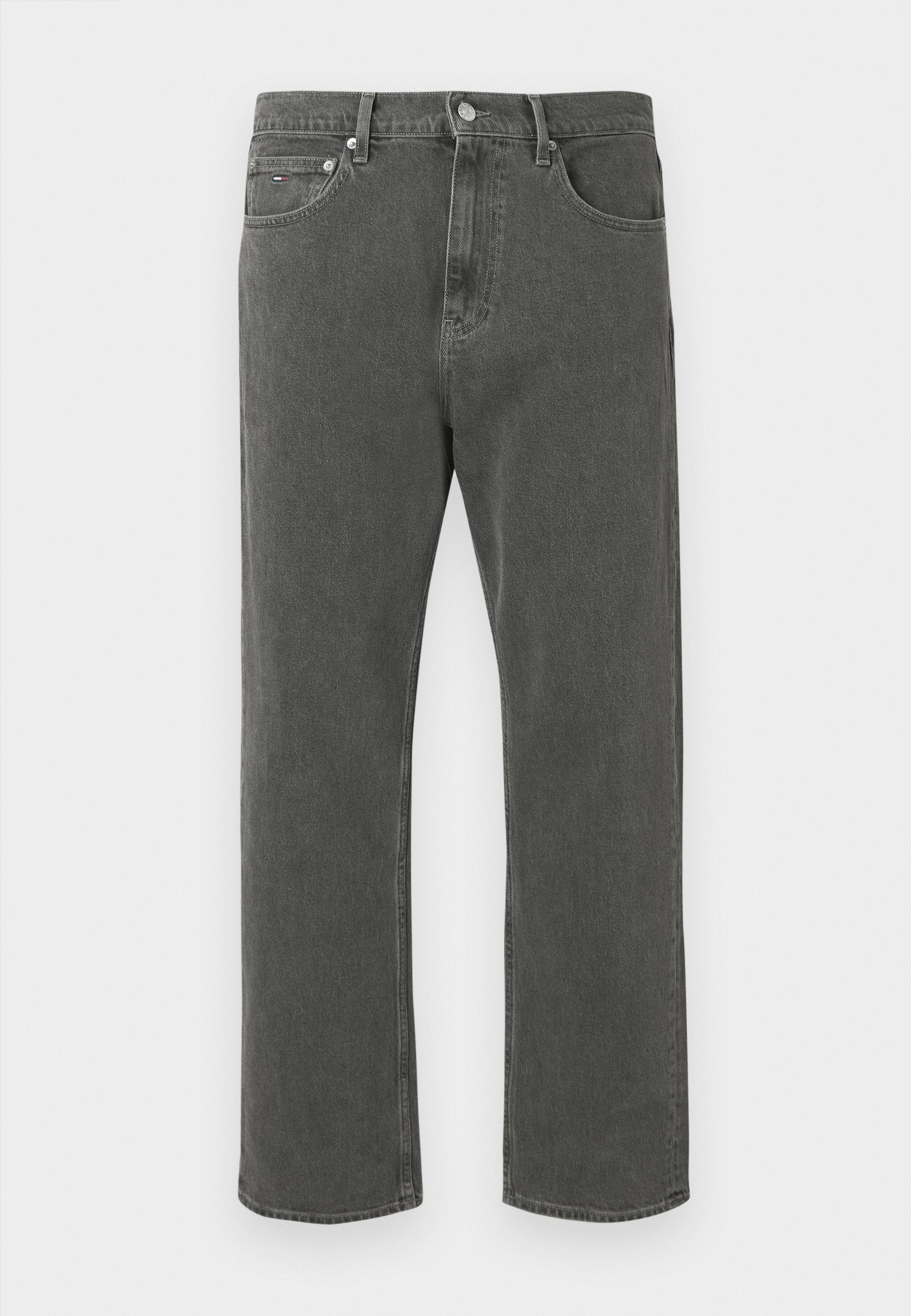Dunkelgraue Denim-Jeans mit geradem Bein, ausgestattet mit Fronttaschen, einem Knopfverschluss und sichtbaren Steppnähten.
