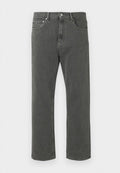 Dunkelgraue Denim-Jeans mit geradem Bein, ausgestattet mit Fronttaschen, einem Knopfverschluss und sichtbaren Steppnähten.