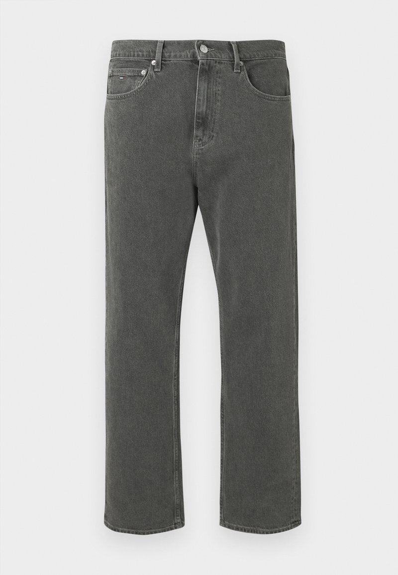 Dunkelgraue Denim-Jeans mit geradem Bein, ausgestattet mit Fronttaschen, einem Knopfverschluss und sichtbaren Steppnähten.