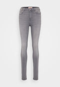 Hochgeschnittener Skinny-Jeans in hellgrauem Denim, mit glatter Textur, fünf Taschen und dezenten Steppnähten.