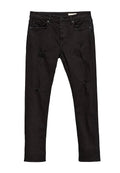 Schwarze Denim-Jeans im Slim-Fit, mit mehreren distressed Details und ausgefransten Patches. Klassisches Fünf-Taschen-Design mit Knopfverschluss.