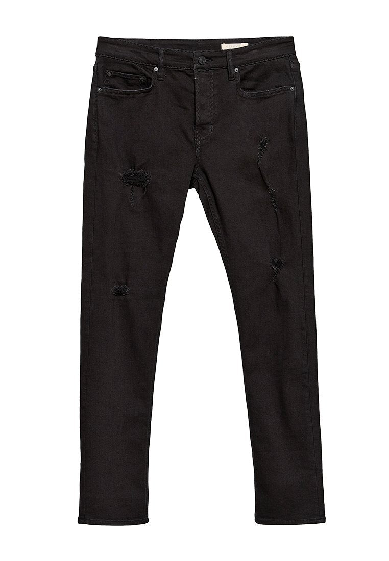 Schwarze Denim-Jeans im Slim-Fit, mit mehreren distressed Details und ausgefransten Patches. Klassisches Fünf-Taschen-Design mit Knopfverschluss.