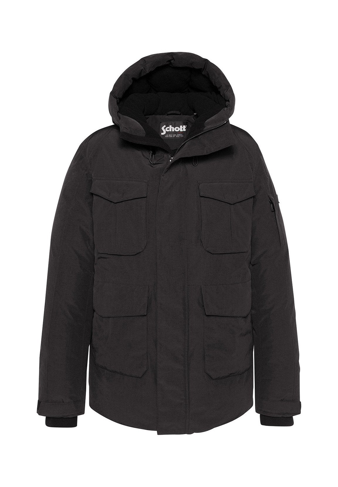 Schwarze Steppjacke mit Kapuze, ausgestattet mit einem durchgehenden Reißverschluss, vier Außentaschen und gerippten Bündchen. Hergestellt aus strukturiertem Stoff mit Isolierung.