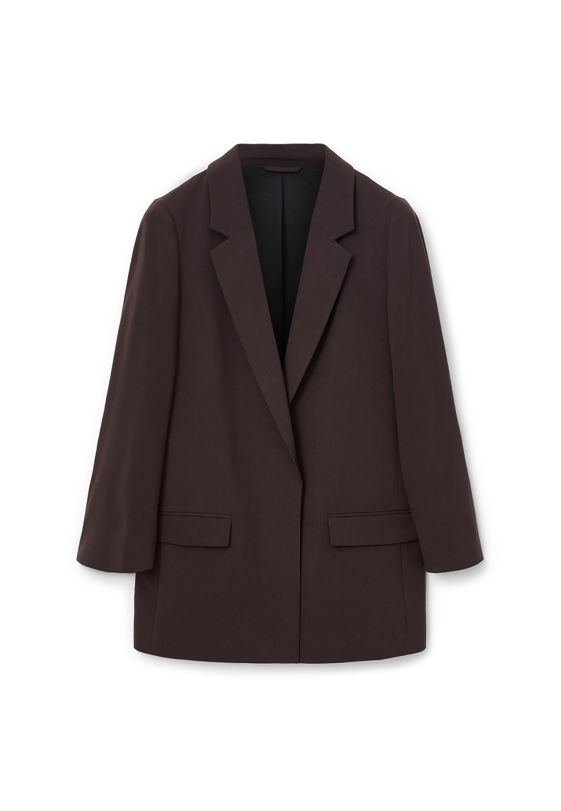Brauner übergroßer Blazer mit Schalkragen, zwei vorderen Taschen und glatter Textur, ausgestattet mit einem Ein-Knopf-Verschluss und lässiger Silhouette.