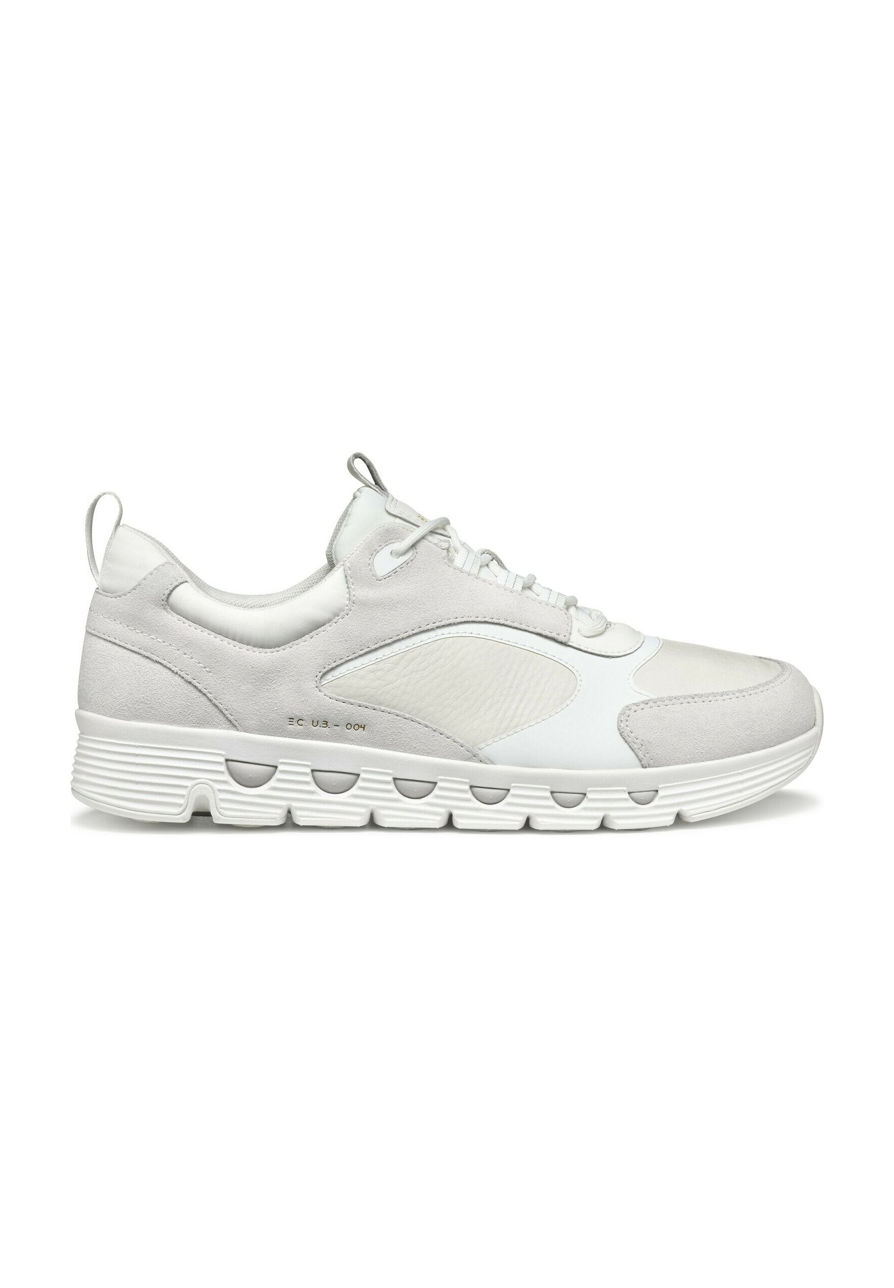 Hellgraue Sneaker mit einer Mischung aus glatten und strukturierten Paneelen, runder Zehenpartie, gepolsterter Sohle mit Ausschnitten und Schnürsystem.